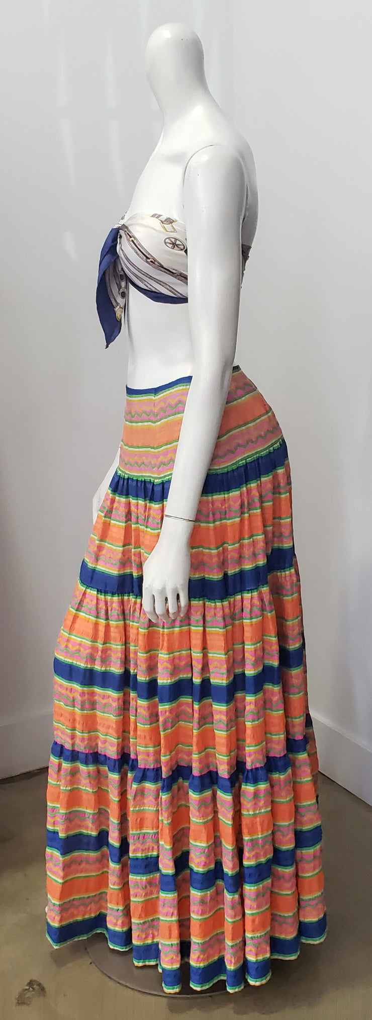 Vintage Ethnic Boho Hippie Gypsy Seersucker Tiered Low Waist Maxi Skirt