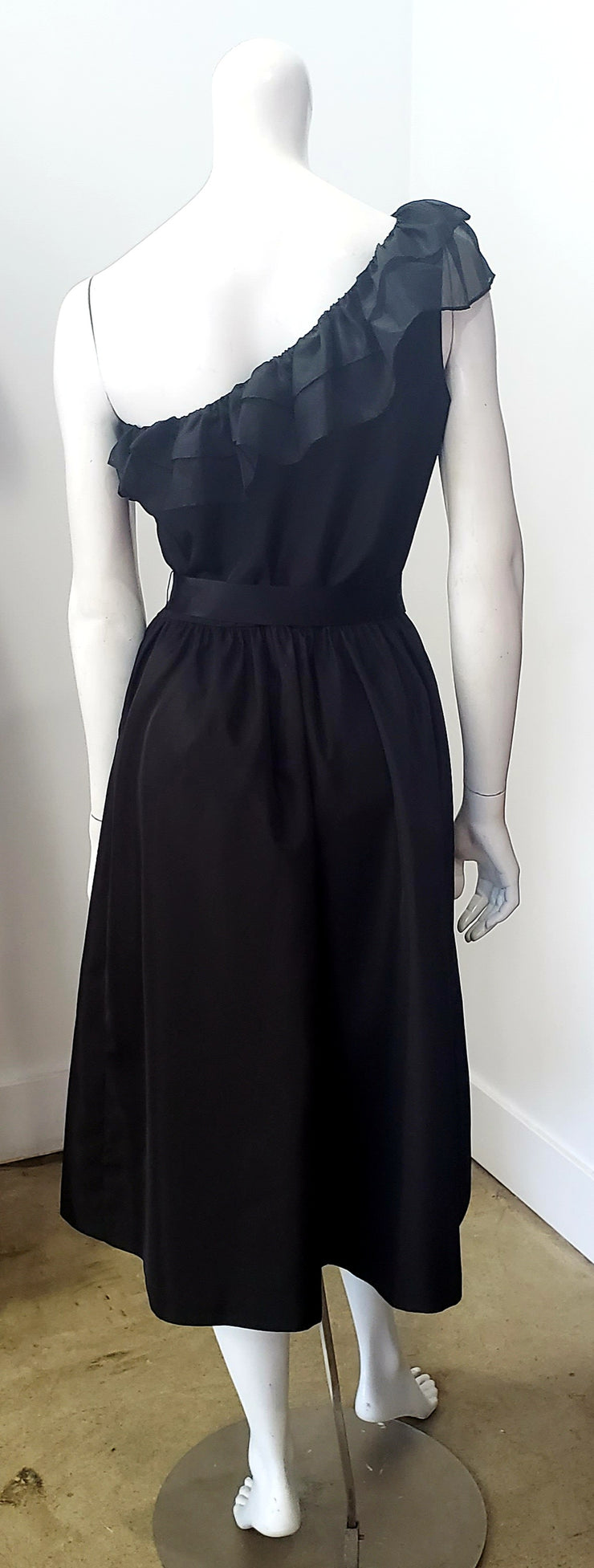 Vintage 70s Jerell of Texas Black Ruffle One Shoulder Cocktail Dress