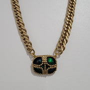Upcycled Vintage 80s Green Enamel Goltone Studded Thick Herringbone Necklace
