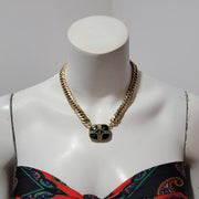 Upcycled Vintage 80s Green Enamel Goltone Studded Thick Herringbone Necklace