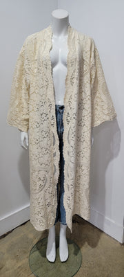 Vintage Upcycled 19th-20th Century Quaker Scallop Lace Boho Festival Duster Rope Belted Robe