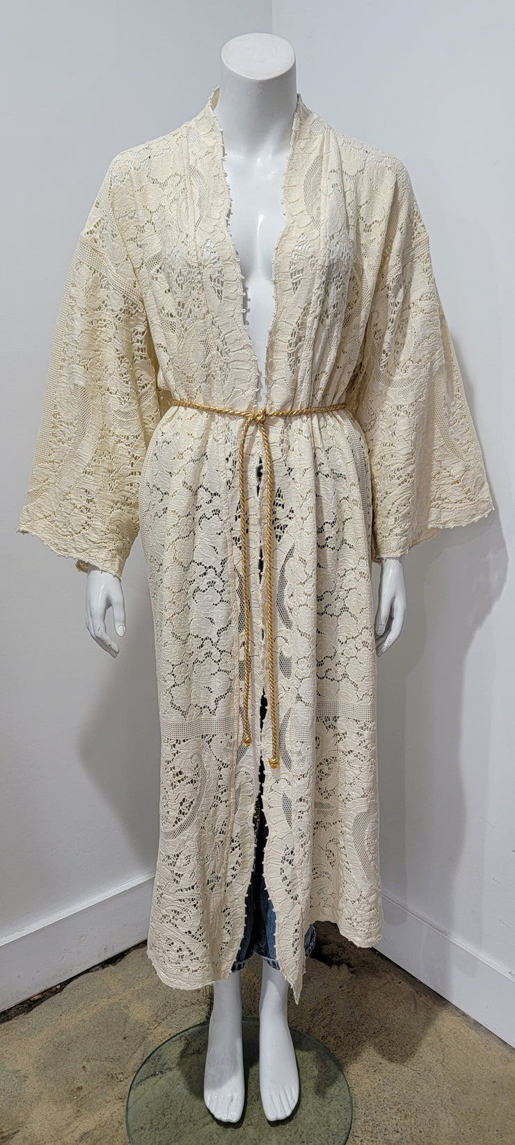 Vintage Upcycled 19th-20th Century Quaker Scallop Lace Boho Festival Duster Rope Belted Robe