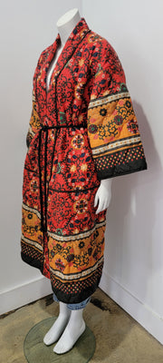 Vintage Upcycled 70s Red Multi Baroque Print Boho Festival Quilted Duster Rope Belted Robe
