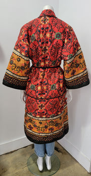 Vintage Upcycled 70s Red Multi Baroque Print Boho Festival Quilted Duster Rope Belted Robe