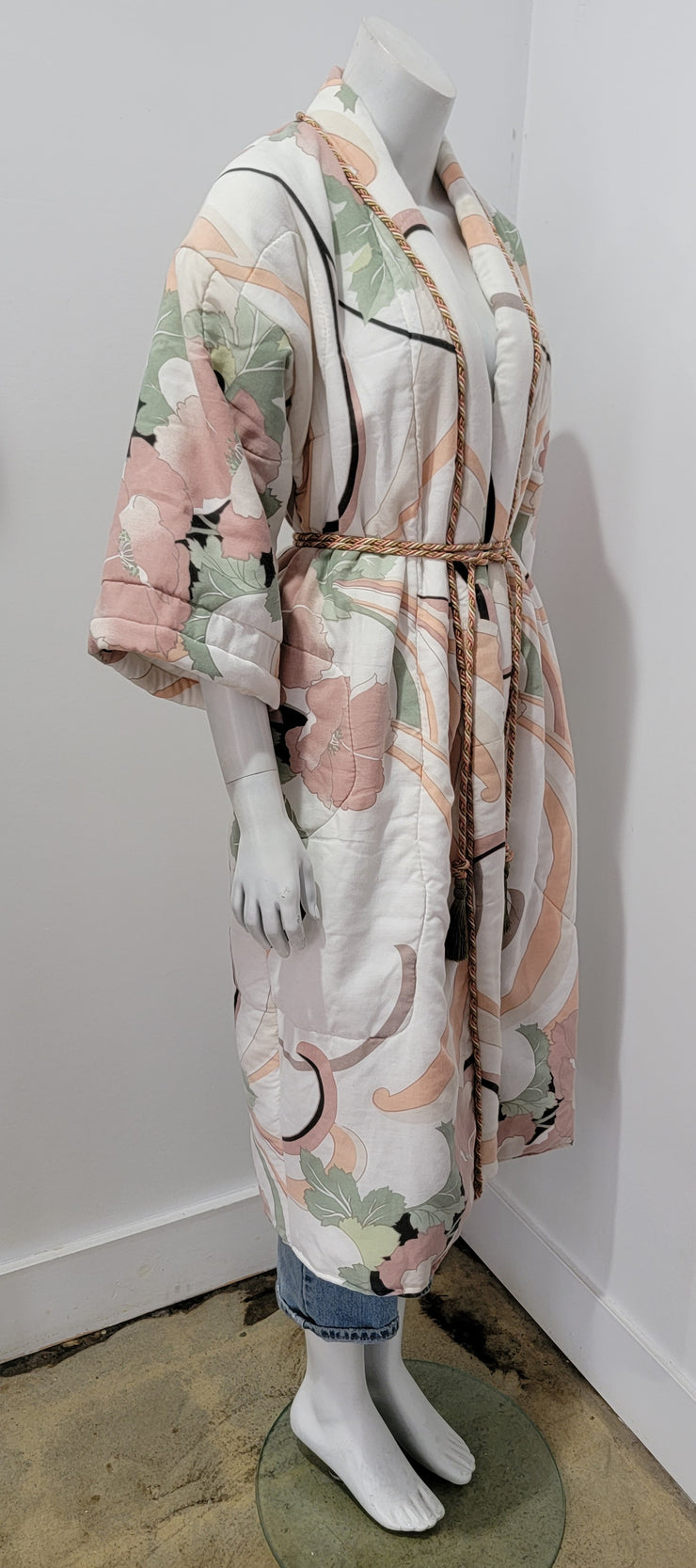Vintage Upcycled Pastel Multi Floral Deco Boho Festival Quilted Duster Tassel Rope Belted Robe