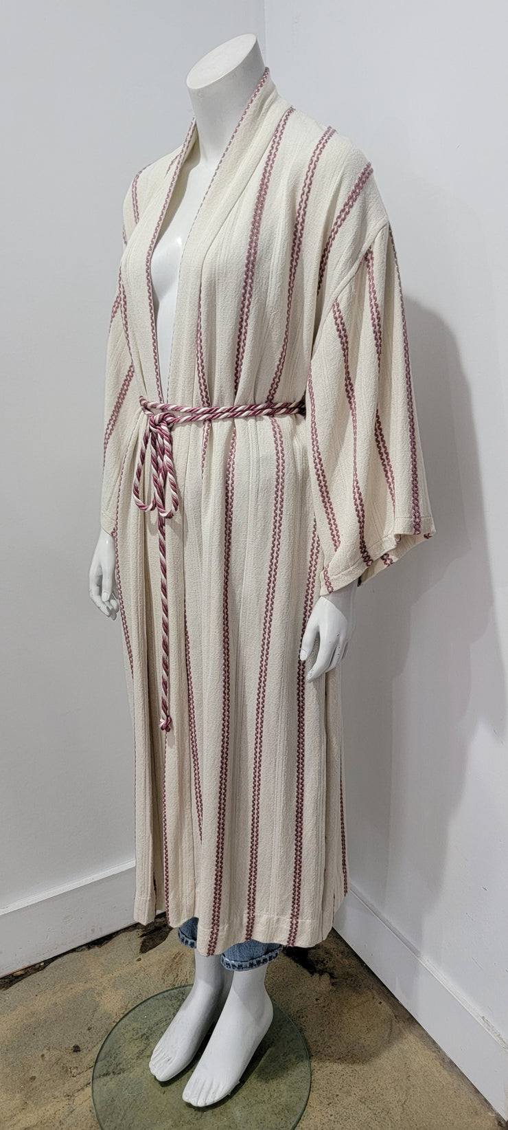 Vintage Upcycled Off White Lavender Stripe Boho Festival Duster Rope Belted Robe
