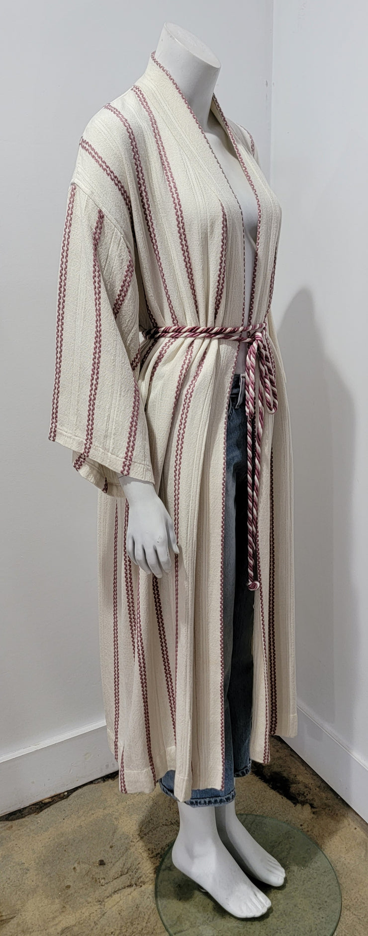 Vintage Upcycled Off White Lavender Stripe Boho Festival Duster Rope Belted Robe