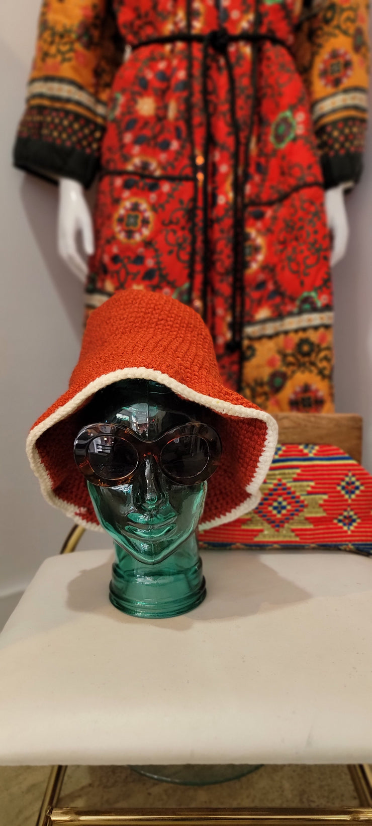 Vintage 70s Bohemian Hippy Rust Orange Ivory Crochet Knit Bucket Hat
