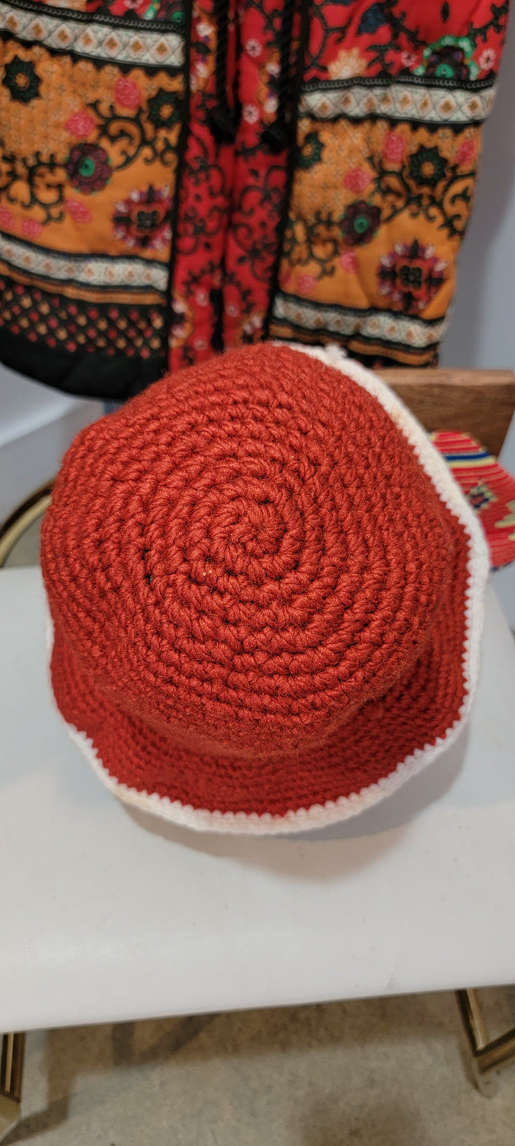 Vintage 70s Bohemian Hippy Rust Orange Ivory Crochet Knit Bucket Hat