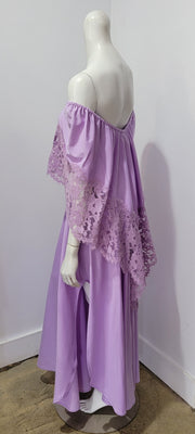 Vintage 70's Goddess Lavender Lace Boho Glam Hippie Off The Shoulder Side Slit Maxi M