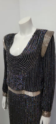 Vintage 70’s Hollywood Glam Deco Beaded Sequin Bow Shimmer Shift Dress