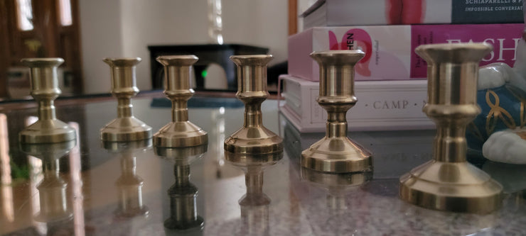 Set Of 6 Vintage Mini Brass Candlestick Holders With Candles