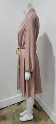 Vintage 70s Chevron Asymmetric Stripe V Neck Poet Sleeve Gold Rope Midi Dress