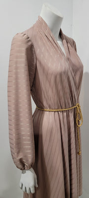 Vintage 70s Chevron Asymmetric Stripe V Neck Poet Sleeve Gold Rope Midi Dress
