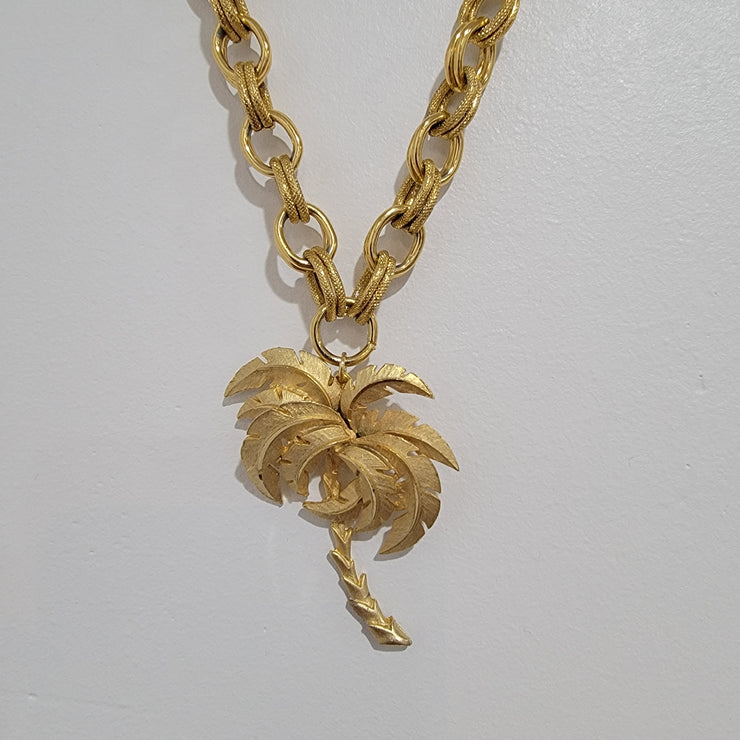 Vintage 70’s Upcycled Goldtone Palmtree Pendant Oval Link Necklace 18"