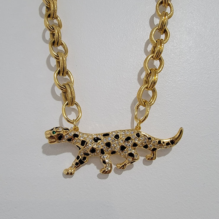 Vintage 70’s Upcycled Goldtone Cheetah Rhinestone Pendant Oval Link Necklace 19"