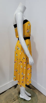 Vintage 80s Yellow Floral Black Ribbing Strapless Midi Dress