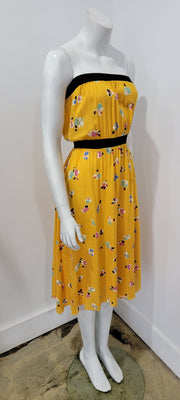 Vintage 80s Yellow Floral Black Ribbing Strapless Midi Dress