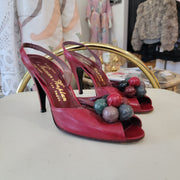 Vintage RARE 70s Red Multi Berries Sling Back Peep Toe Heels by Norman Kaplan Las Vegas