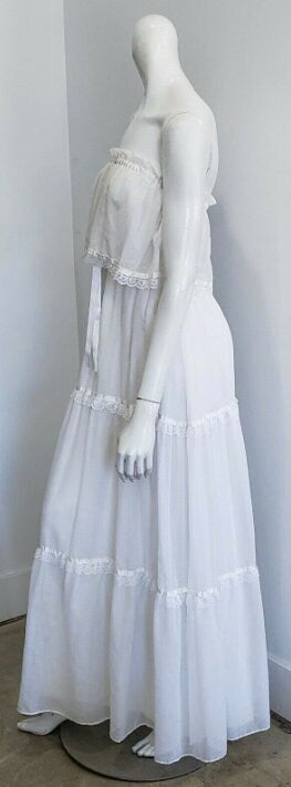 Vintage White Cotton Lace Tiered Boho Wedding Maxi Dress SM