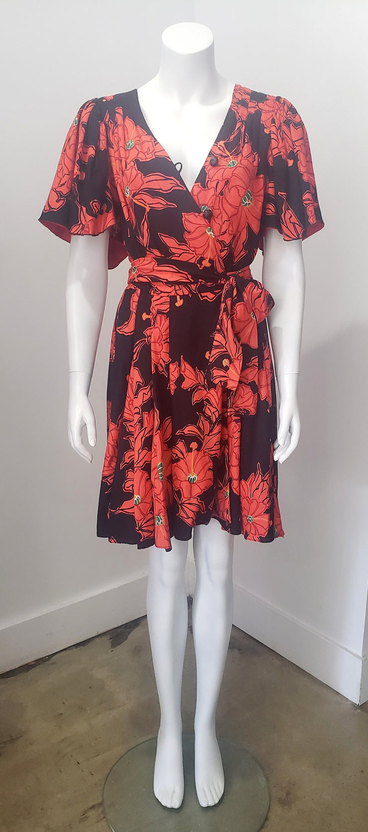 Vintage Abstract Floral Flutter Sleeve Wrap Full Pleated Skirt Dress S/M