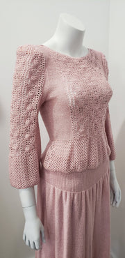 Vintage 70's Rare Oscar De La Renta Knits Imagnin Pink Crochet Sweater Top + Skirt Union Made Set