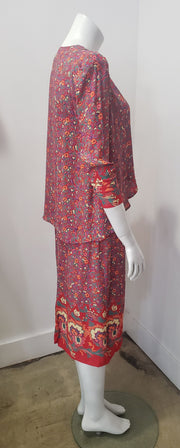 Vintage 80s Lizzy & Johnny Neiman Marcus Ditsy Floral Contrast Tulip Top Skirt Set