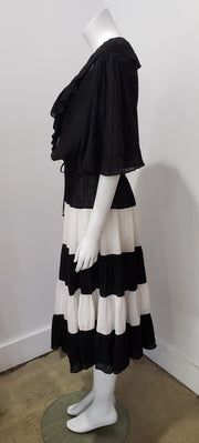 Vintage 70's Black and White Ruffle Tiered Stripe Gypsey Boho Cotton Gauze Midi