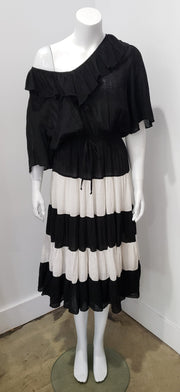 Vintage 70's Black and White Ruffle Tiered Stripe Gypsey Boho Cotton Gauze Midi