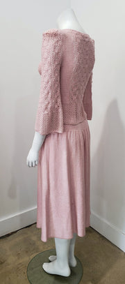 Vintage 70's Rare Oscar De La Renta Knits Imagnin Pink Crochet Sweater Top + Skirt Union Made Set