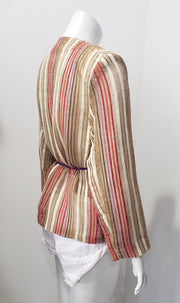 Vintage 70's 80's Textured Jute Stripe Blazer Cardigan Rope Tie Layering Cover-Up M