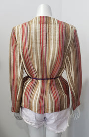 Vintage 70's 80's Textured Jute Stripe Blazer Cardigan Rope Tie Layering Cover-Up M