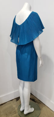Vintage 60's Crystal Capelet Peacock Blue Crystal Pleated One Shoulder Wiggle Dress M