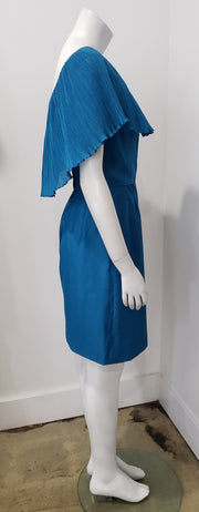 Vintage 60's Crystal Capelet Peacock Blue Crystal Pleated One Shoulder Wiggle Dress M
