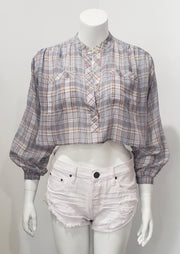 Vintage 70's Upcycled Blue Plaid Mandarin Collar Cotton Voile Shirttail Crop Top M