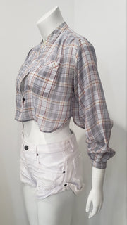 Vintage 70's Upcycled Blue Plaid Mandarin Collar Cotton Voile Shirttail Crop Top M