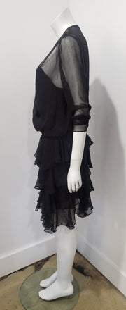 Vintage 80's Little Black Dress Drop Waist Ruffled Blouson Crossfront Dress