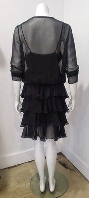 Vintage 80's Little Black Dress Drop Waist Ruffled Blouson Crossfront Dress