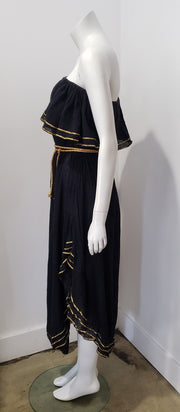 Vintage 80’s Boho One Shoulder Ruffle Gauze Gold Ric Rac Midi Dress