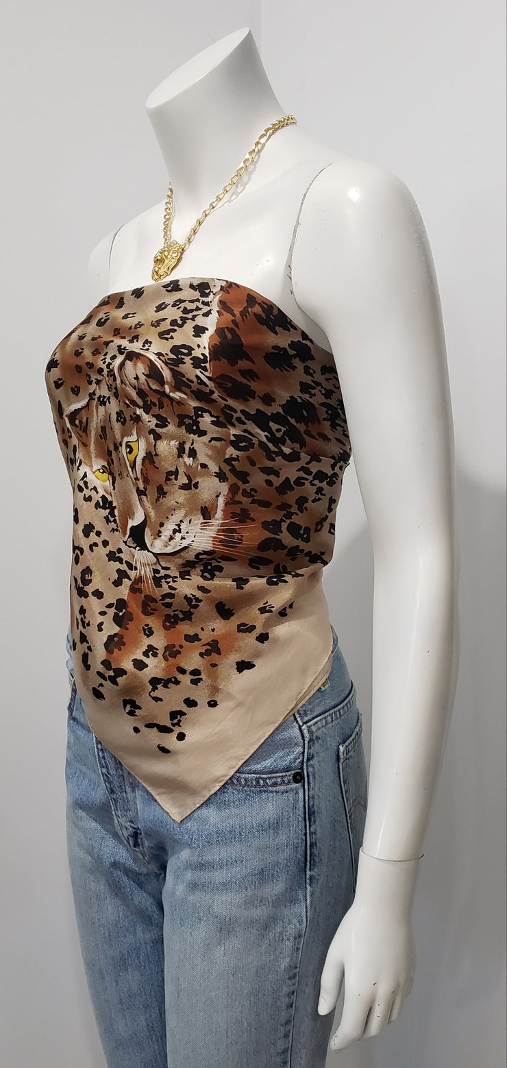 Vintage 70’s Taupe Cheetah Silky Hanky Top Neck Tie Scarf