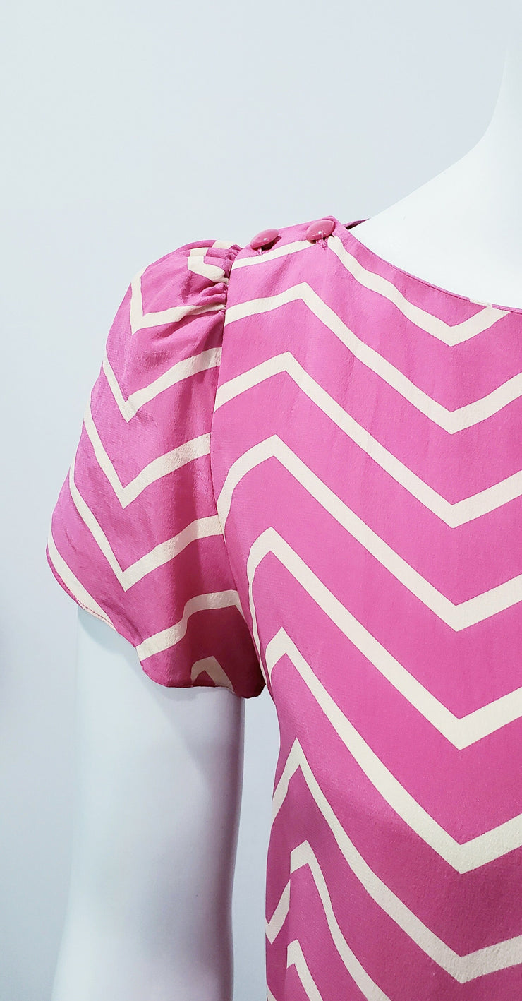Vtg 80’s Pink Liz Claiborne Zig Zag Tulip Sleeve Silk Drop Waist Mini Dress