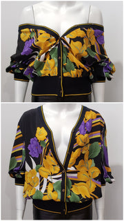 Vintage 80’s Multi Floral Stripe Rib Deco Cardigan Blouse by Robert Janan Designed By Eva