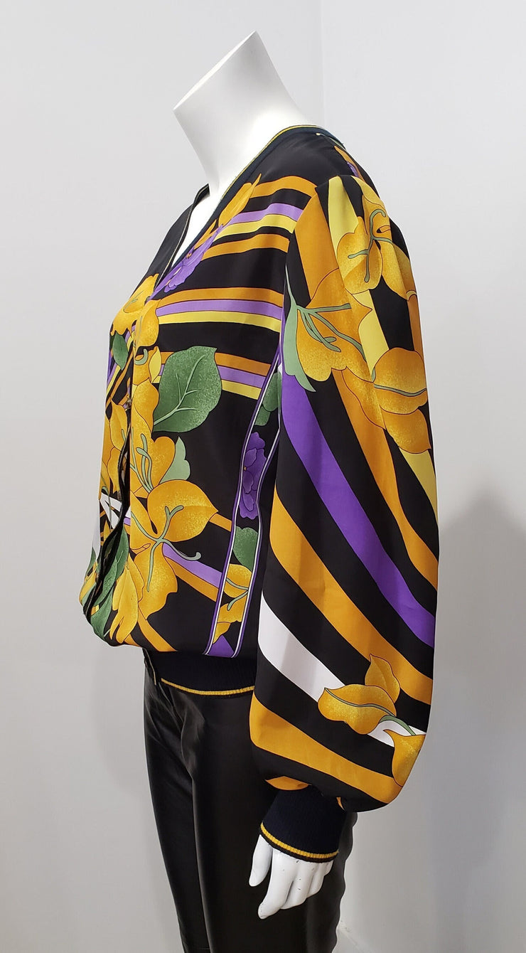Vintage 80’s Multi Floral Stripe Rib Deco Cardigan Blouse by Robert Janan Designed By Eva