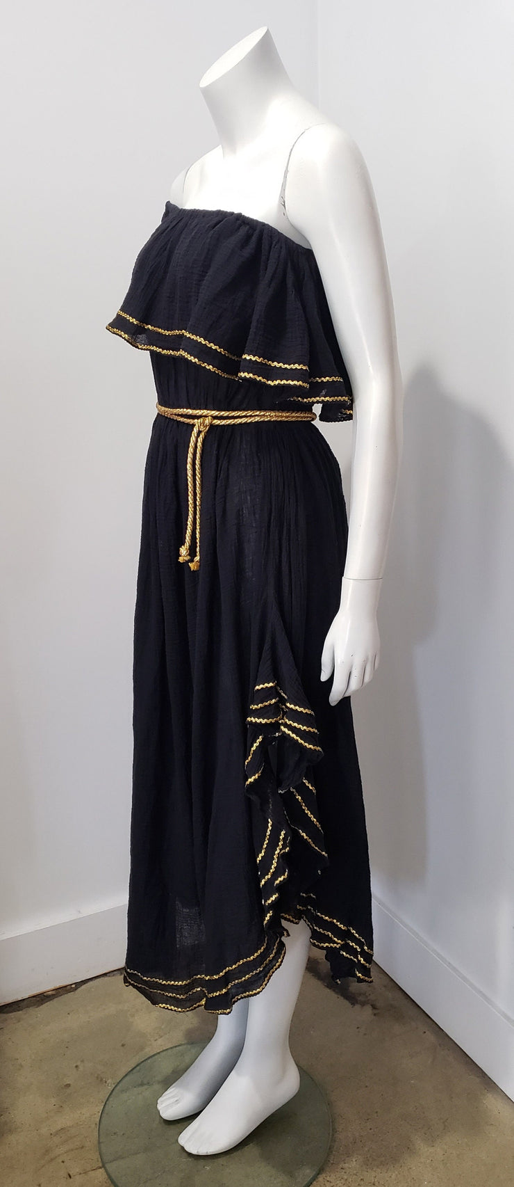 Vintage 80’s Boho One Shoulder Ruffle Gauze Gold Ric Rac Midi Dress