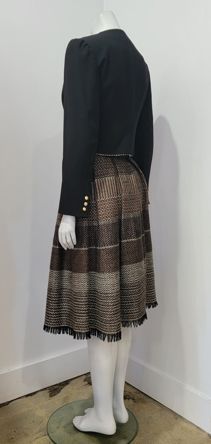 Vintage 70’s Brown Multi Stripe Tweed Black Fringe Inverted Pleated Skirt M