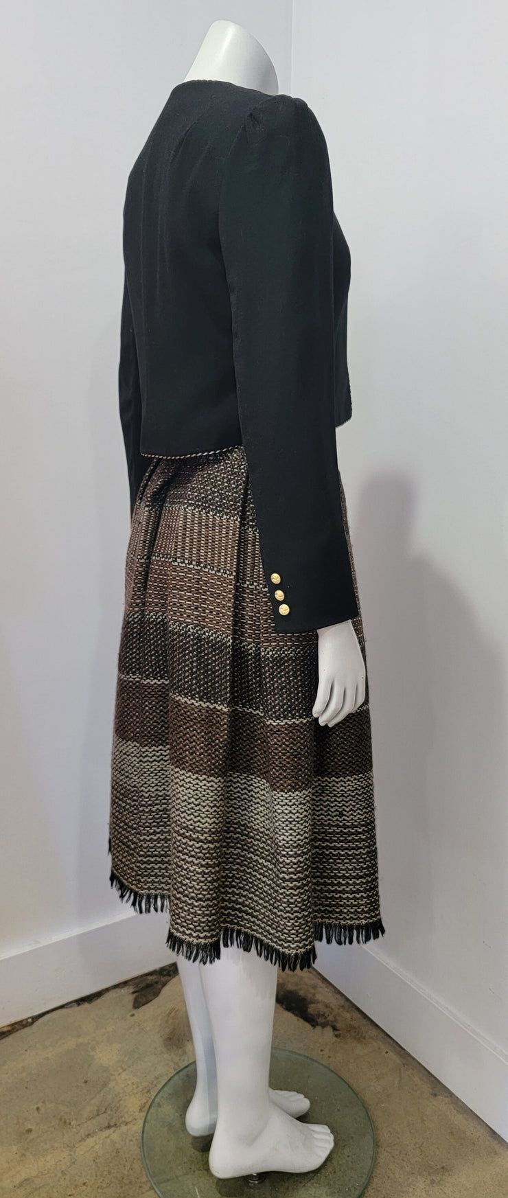 Vintage 70’s Brown Multi Stripe Tweed Black Fringe Inverted Pleated Skirt M