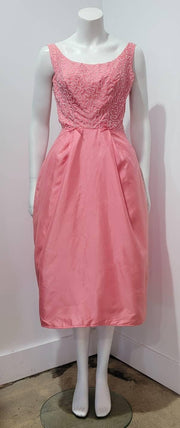 Vintage 50's Flamingo Pink Beaded Pouf Bow Hollywood Glam Midi Gown