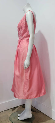 Vintage 50's Flamingo Pink Beaded Pouf Bow Hollywood Glam Midi Gown