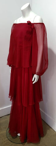Vtg 70's Burgundy Off the Shoulder Layered Balloon Sleeve Glam Tiered Maxi Dress