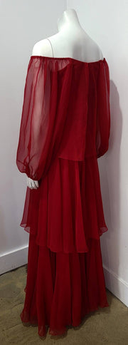 Vtg 70's Burgundy Off the Shoulder Layered Balloon Sleeve Glam Tiered Maxi Dress